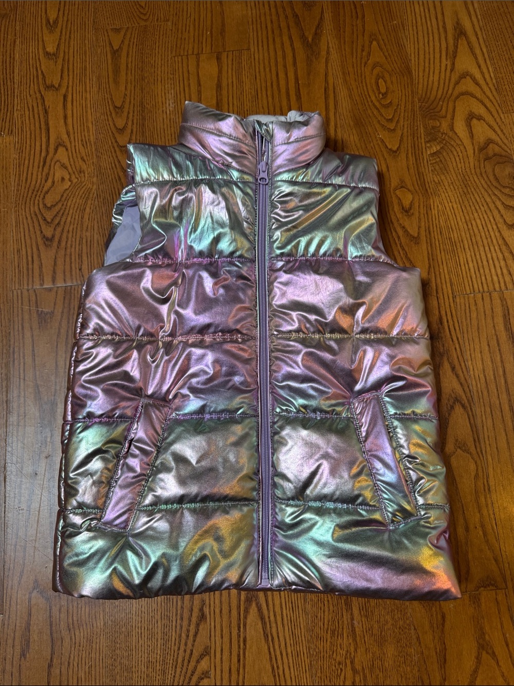 Joe Fresh Iridescent Puffer Vest in Pink and Gold Tones